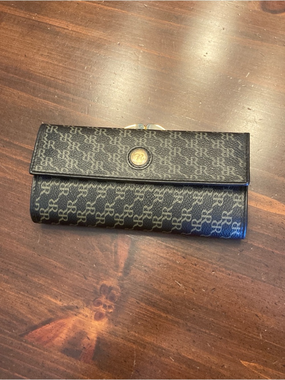 Rioni Black Patterned Long Wallet with Logo Button